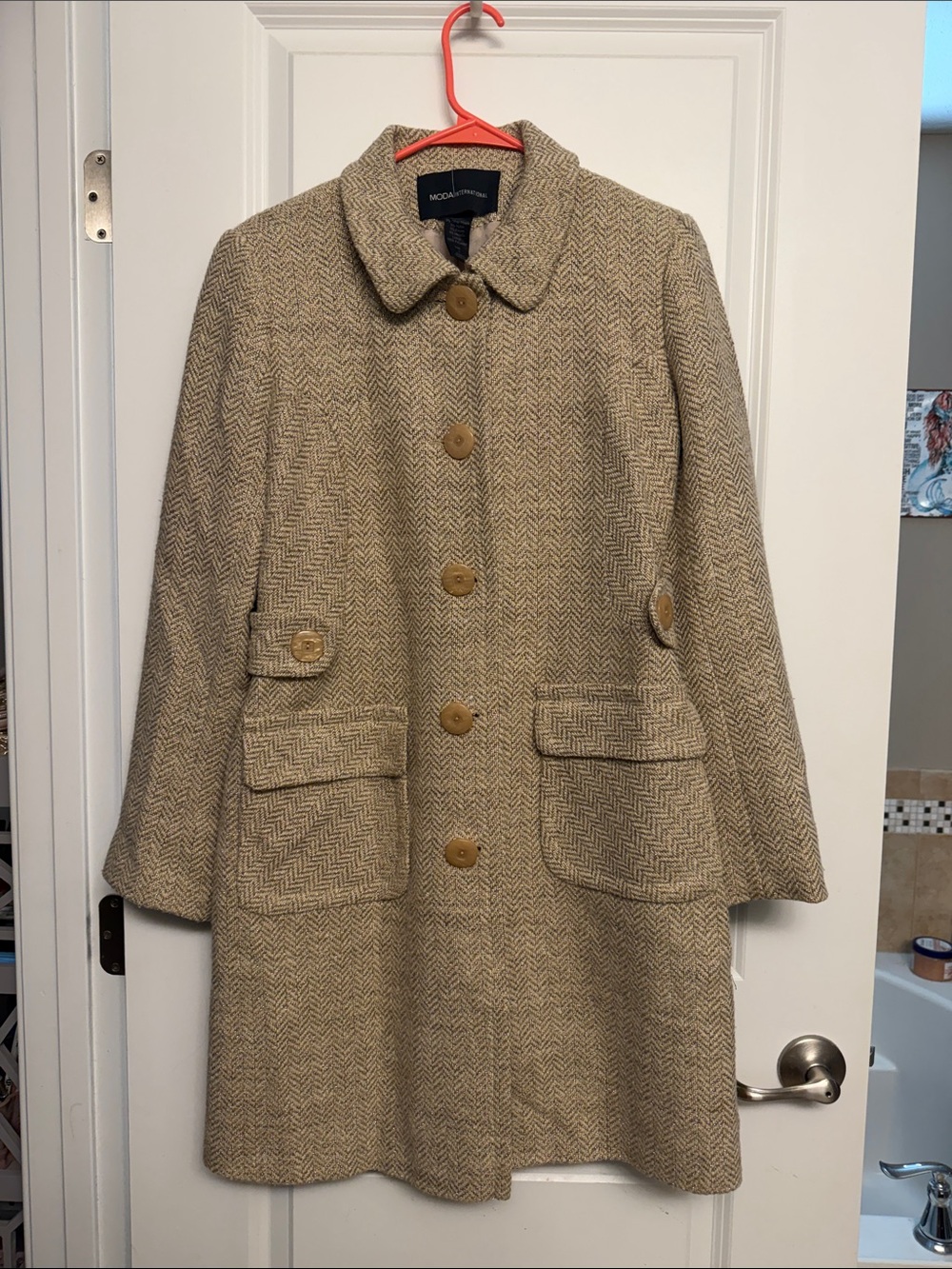 Moda International Tan Herringbone Wool-Blend Pea Coat